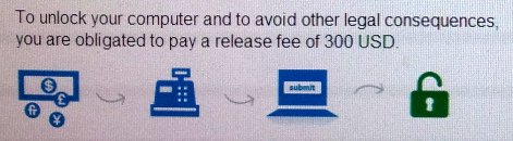 To unlock your computer and to avoid other legal consequences, you are obligated to pay a release fee of 300 USD.
