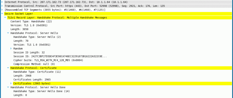 Wireshark packet capture and protocol analysis of TLS traffic to AWS.