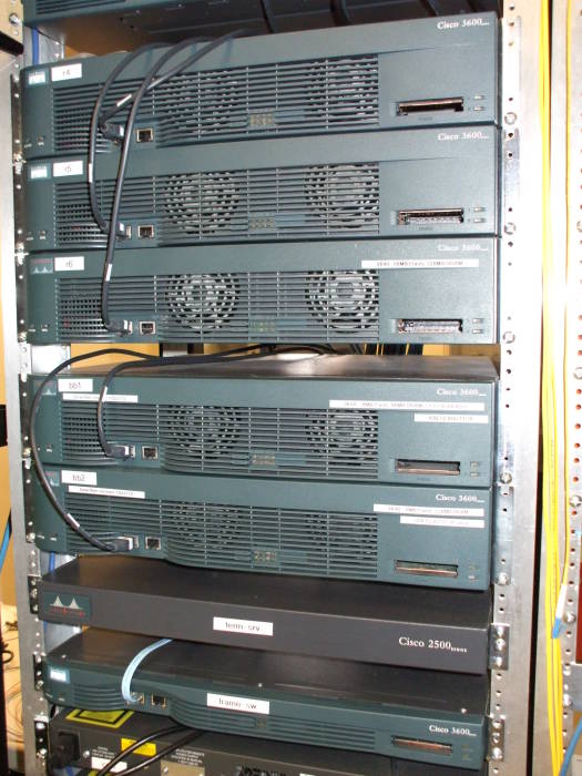Rack of Cisco 3600 and 2600 routers.