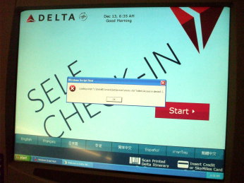 Epic fail: Detail of crash dump screen at check-in area, Indianapolis, Indiana airport terminal.