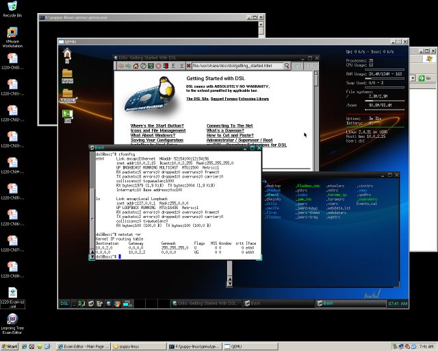 DSL or Damn Small Linux running inside a QEMU emulator on a 64-bit Windows XP desktop.