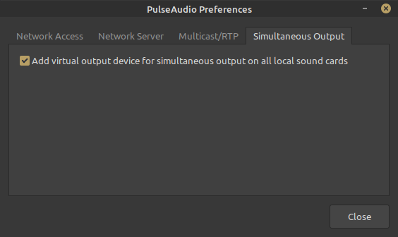 PulseAudio Preferences settings panel, selecting simultaneous output to all devices.