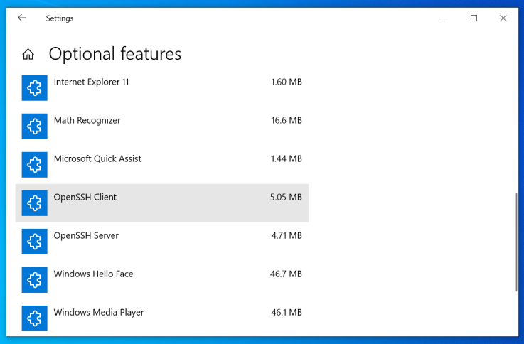 Windows 10 Settings: Optional features