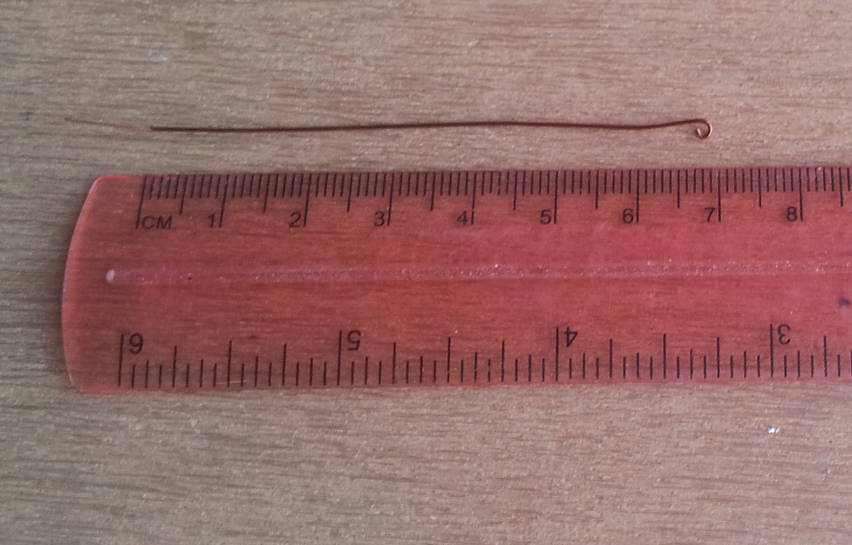 69 mm ADS-B 1090 MHz quarter-wave antenna element. #28 enameled wire sanded at one end, and a plastic ruler.