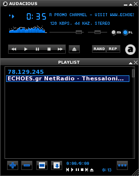 Audacious listening to the Radio Echoes MP3 stream from Thessaloniki, Greece.