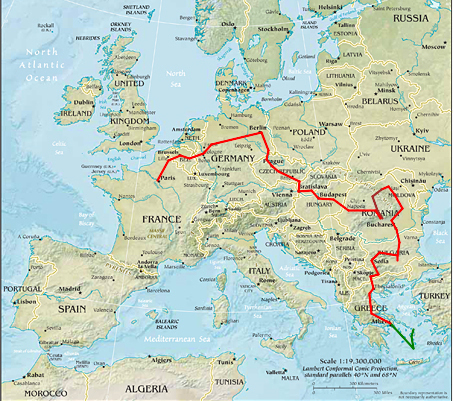 Map of Europe, Athens to Paris by train.