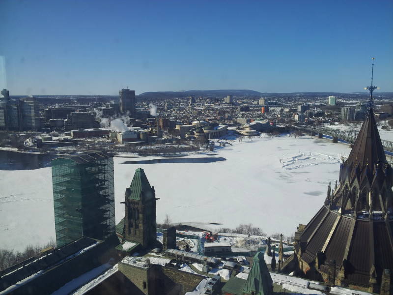 View to northeast from Peace Tower on Canadian Parliament building.