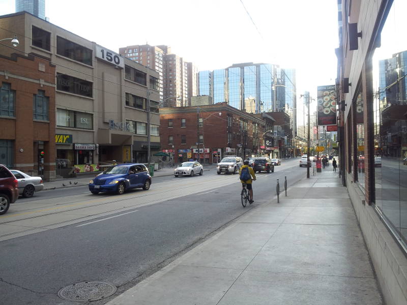 Walking to work along Dundas Street in Toronto in the morning.