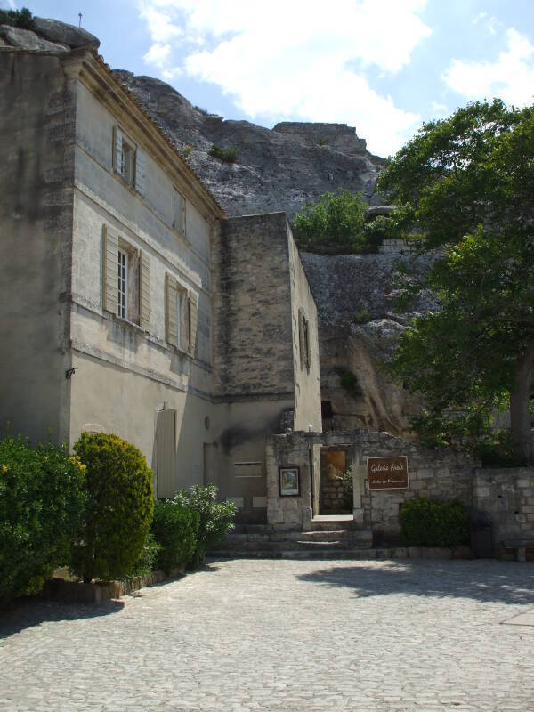 Noon sunshine lights the streets in Les Baux-de-Provence in southern France.