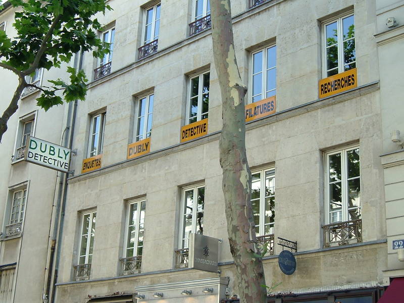 Signs at the Dubly Detective agency on Rue Tronchet in Paris.