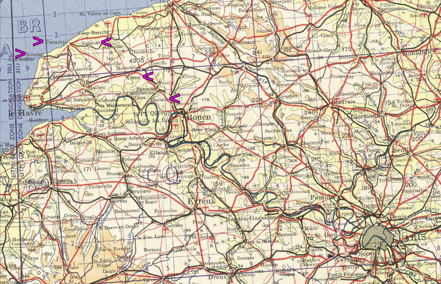 Portion of US Government map NM-30-31 showing Normandy coast to Paris.