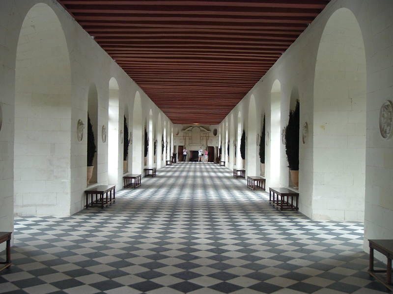 Upper gallery of the bridge spanning the Cher river at Château Chenonceau.