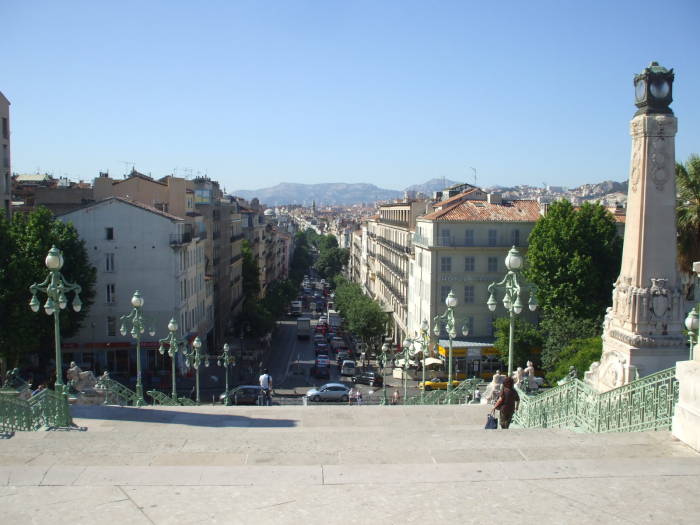 View down the grand staircase at Marseille's Gare Saint-Charles.