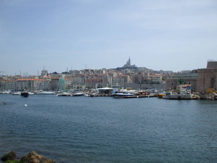 Vieux Port, the old central harbor in Marseille, overlooked by Notre Dame de la Garde.