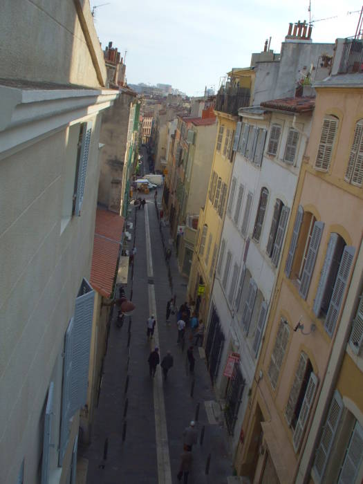 View from a room in the Vertigo hotel along Rue des Petites Maries in Marseille.