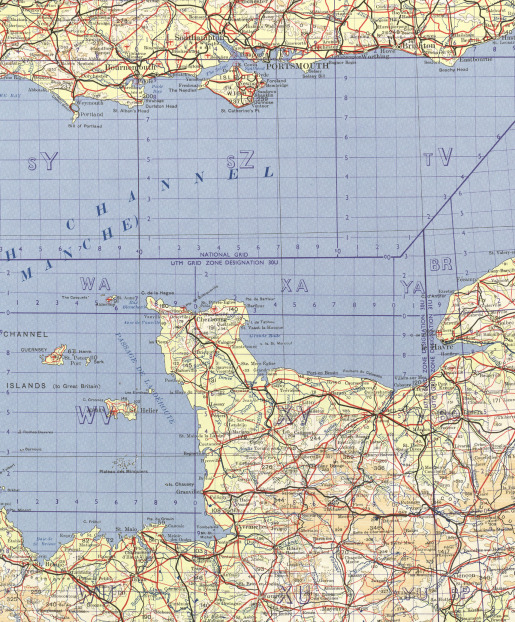 Map showing the southern coast of England and the northern coast of France, Brittany through Normandy.