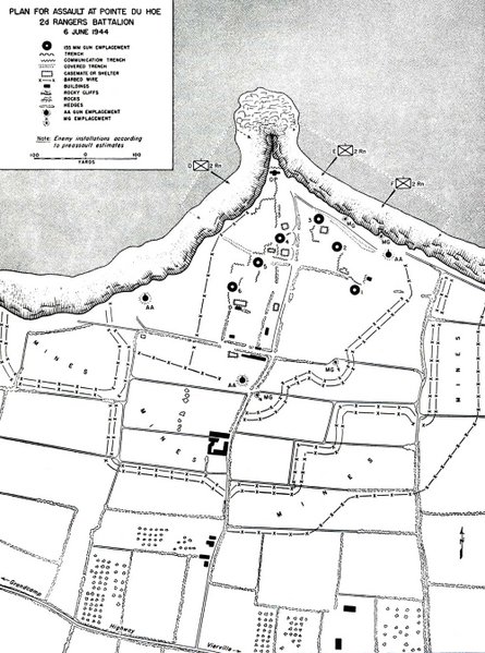 U.S. military map of the planned D-Day assault by the 2nd Rangers Battalion at Pointe du Hoc. German defenses: large guns, artillery bunkers, barbed wire, machine gun posts, mine fields.