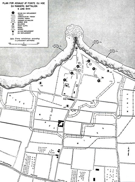 U.S. military map of the planned D-Day assault by the 2nd Rangers Battalion at Pointe du Hoc.  German defenses: large guns, artillery bunkers, barbed wire, machine gun posts, mine fields.