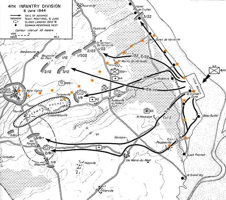 U.S. Military map of Utah Beach and 4th Infantry Division movement, our hike is highlighted with orange stars.  German defensive bunkers, U.S. landing sites, paratrooper landing zones, and D-Day battlefields.