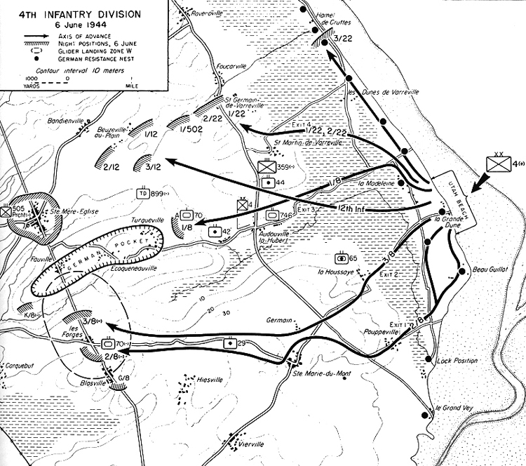U.S. Military map of Utah Beach and 4th Infantry Division movement on 6 June 1944, D-Day, in Operation Overlord. Landing sites of the U.S. paratroopers, battlefields of the U.S. infantry forces.