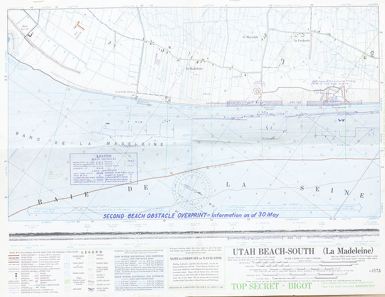 U.S. military map of the 8th Infantry Division landing plan on Utah Beach on D-Day, 6 June 1944, Operation Overlord. Naval landing zones and battlefield areas. Beach and land obstacles, marked TOP SECRET - BIGOT.