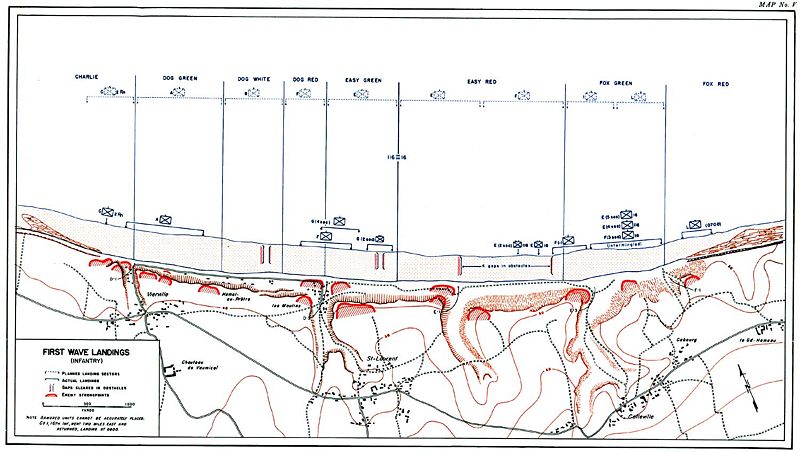 U.S. military map of the first wave landings on Omaha Beach on D-Day. Omaha Beach sectors Charlie, Dog, Easy, Fox, infantry movements.