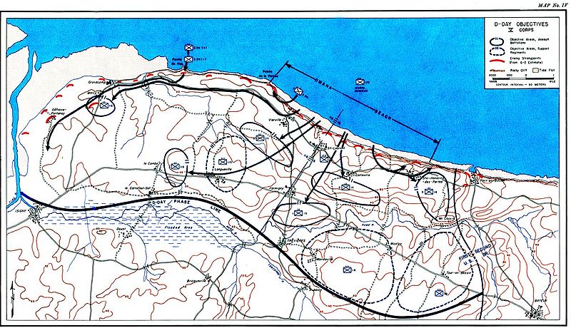 U.S. military map of the D-Day objectives on Omaha Beach. Pointe du Hoc, the Ranger cliff assault and landing site. Omaha Beach. German defenses and battlefields.