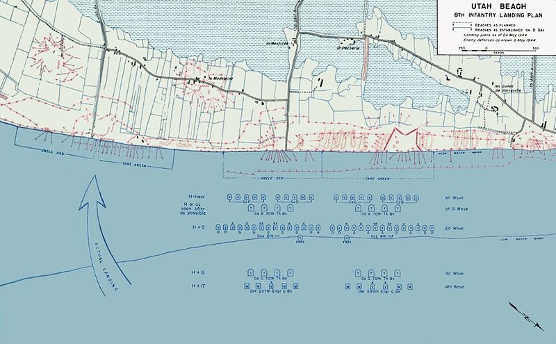 U.S. military map of the 8th Infantry Division landing plan on Utah Beach on D-Day, 6 June 1944, Operation Overlord. Naval landing zones and battlefield areas.
