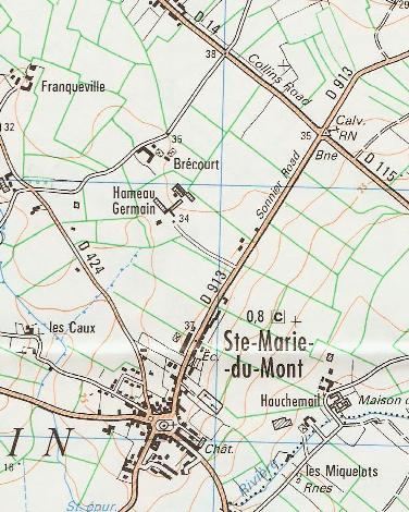 Detailed French topographic map showing the location of Brécourt Manor, just inland of Utah Beach. D-Day battlefields surround it.
