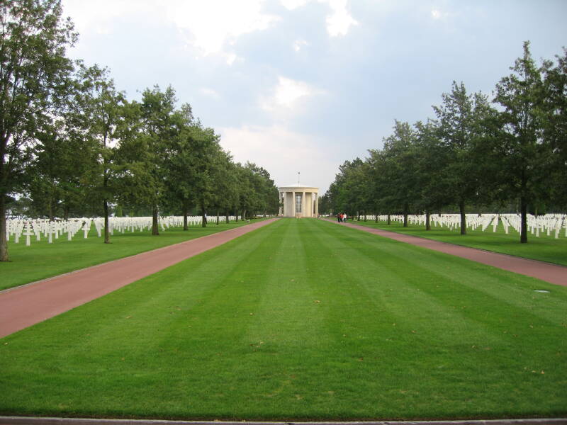 Rows of stone crosses in the American cemetery at Colleville-sur-Mer.