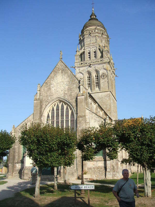 The church at Sainte-Marie-du-Mont, just inland from Utah Beach. Sniper posts in the bell tower, remnants of the battle in the church yard.