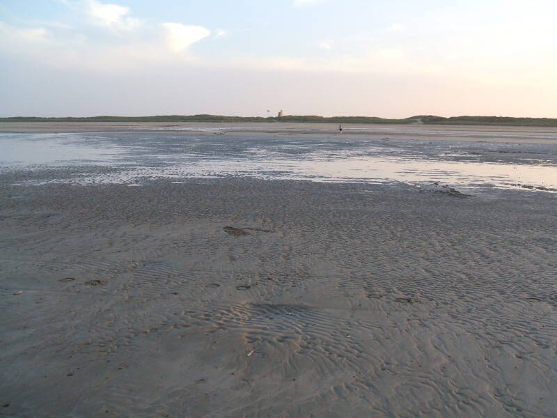 View across Utah Beach, from the waterline toward the dunes.