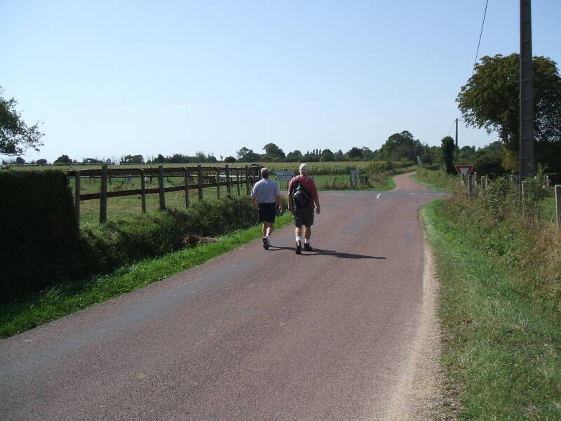 Tim and Jeff walking from Utah Beach to Sainte-Mère-Église.