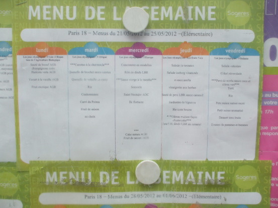 Elementary school menu in Paris, between Pigalle and Montmartre in the 18th Arrondissement.