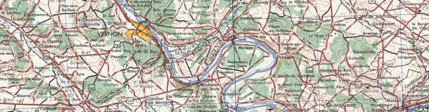 Map NM-31-7 showing the Seine river in France from Mantes past Les Andelys close to Rouen.