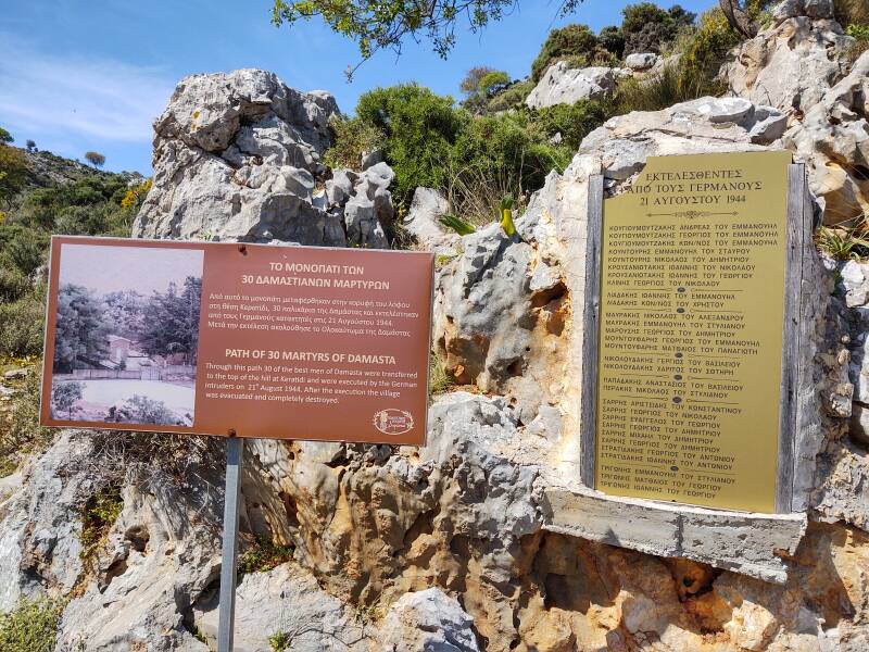 Memorial along the road east of Damasta village in Crete. The Germans marched 30 civilian men of Damasta to the top of the slope and massacred them on 21 August 1944, then came back and burned the village.