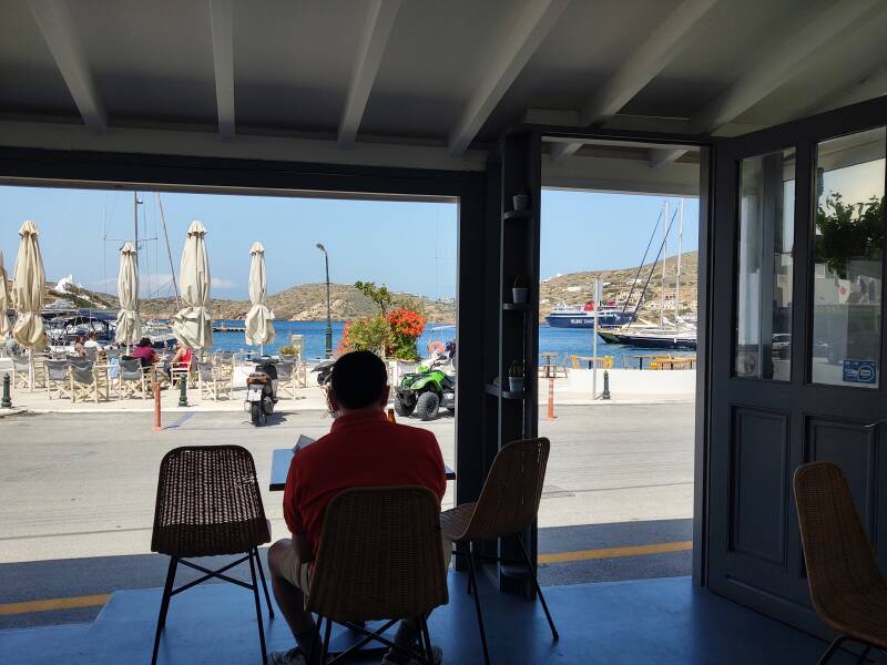 View from my table at the Sailing café along the waterfront in the port town on Ios.