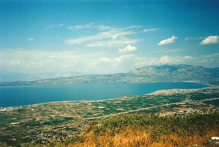 A view northwest from the summit of Akrokorinthos, over the Gulf of Corinth and beyond toward Delphi.