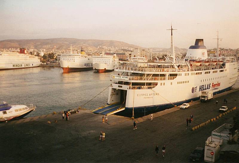 Greek ferry leaving Athens for Santorini.