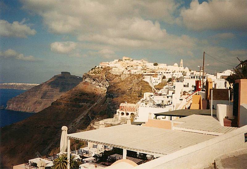 A view of the white domes in Thira, the main town of Santorini.