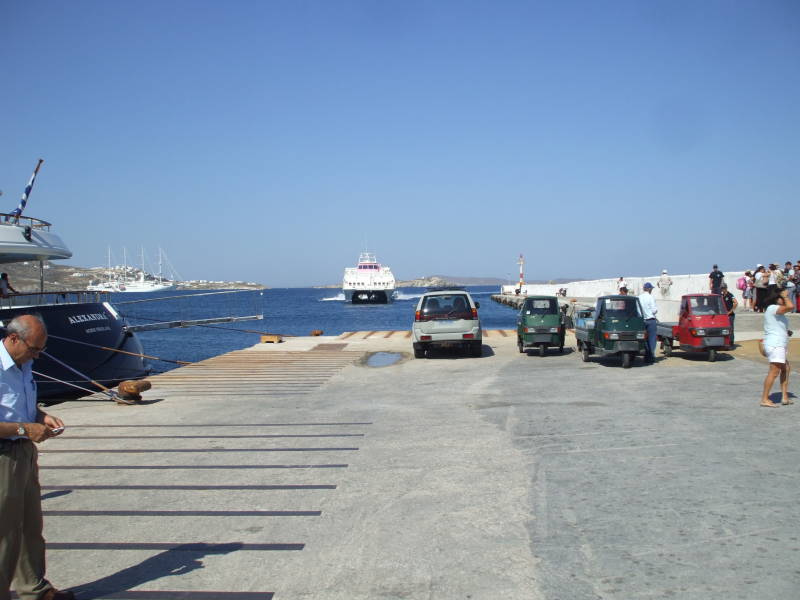 A SeaJets ferry approaches the pier on Mykonos.