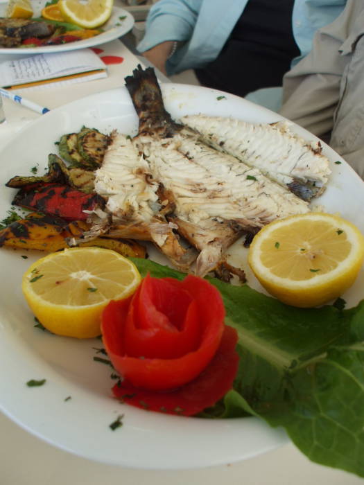 Grilled fish on the Greek island of Mykonos.