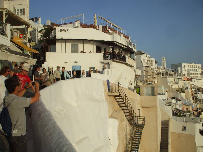 The town of Fira on the cliffs above the caldera of the Greek island of Santorini.