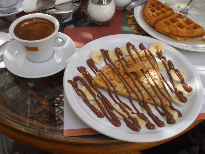 Chocolate crepes at a small cafe in Fira, the main town of Santorini.