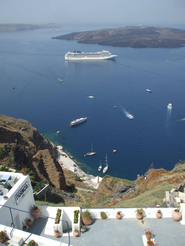 Cruise ships in the Santorini caldera.