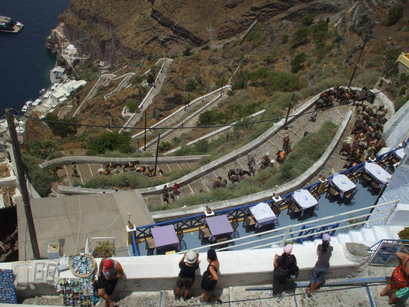 Tourists arriving on donkeys on Santorini.