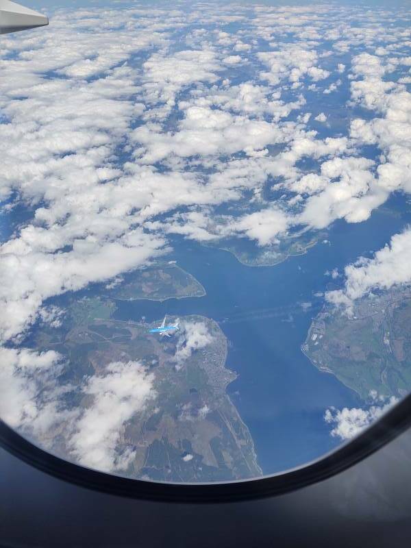 KLM airliner crossing below us above Gare Loch leading to Faslane northwest of Glasgow, on board AF 136 2022-05-19.