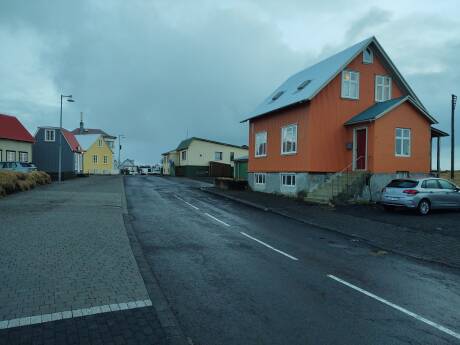 Main street through the town of in southwestern Iceland.