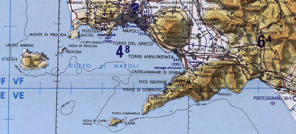 Map of the Sorrento peninsula, from Napoli to Sorrento, including the Amalfitani coast.