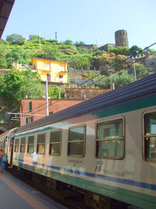 Train sitting at the station in the Cinque Terre.